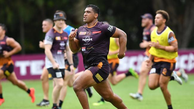 Tevita Pangai Jr suffered a leg injury and was forced off the field after 18 minutes. Picture: AAP 