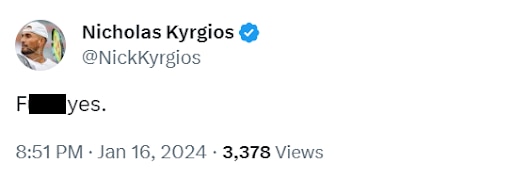 Nick Kyrgios’ tweet after Thanasi Kokkinakis’ five-set win.