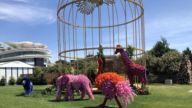 The Birdcage at the Melbourne Cup today. Crowd free. But featuring animal art. Picture: Remy Varga