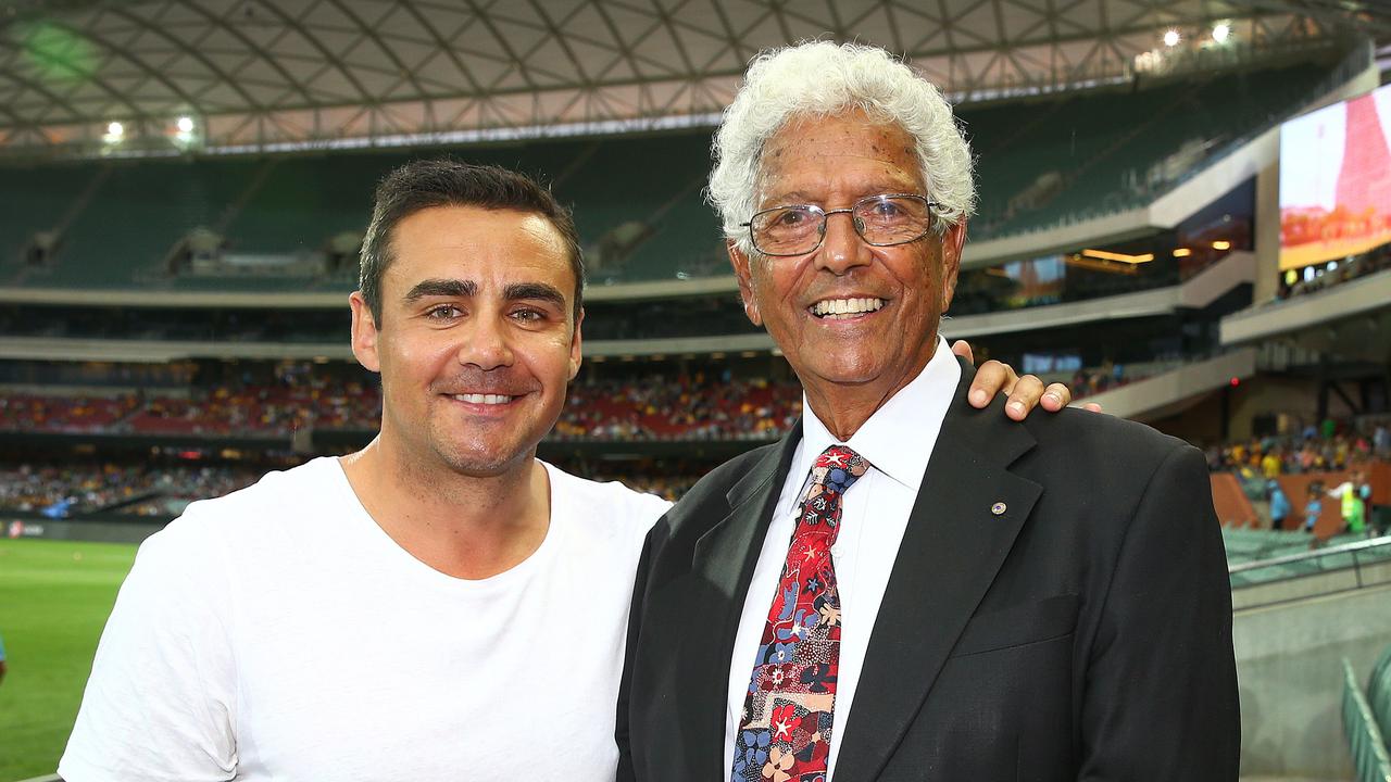 Former Adelaide United star Travis Dodd with John Moriarty at a Socceroos match in 2016. Picture: Sarah Reed