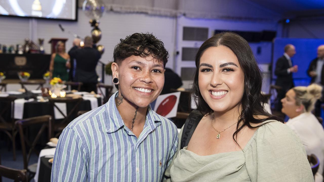 Courtney Robinson (left) and Emarie Howgego representing Gatton Hawks at the TRL awards night at Clifford Park Racecourse, Friday, September 8, 2023. Picture: Kevin Farmer