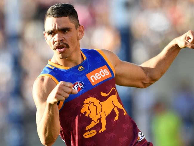 Charlie Cameron of the Lions celebrates kicking a goal during the Round 22 AFL match between the Brisbane Lions and the Geelong Cats at the Gabba in Brisbane, Saturday, August 17, 2019.  (AAP Image/Darren England) NO ARCHIVING, EDITORIAL USE ONLY