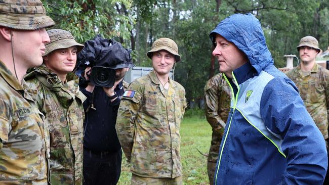 Prime Minister Anthony Albanese visits Gallipoli Barracks on Sunday in Brisbane ex-Tropical Cyclone Alfred moved south, after amry personnel were injured in when two trucks rolled on their way to help with weather clean-ups. Picture: Getty Images