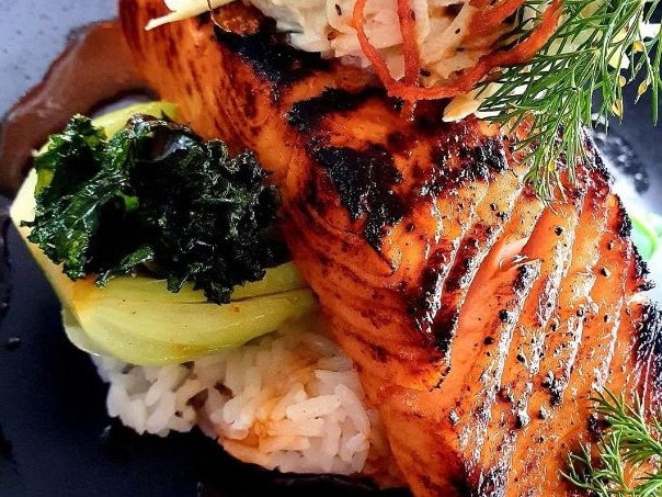 Sriracha salmon with greens, rice, herbs and nori furikake from 360Q.