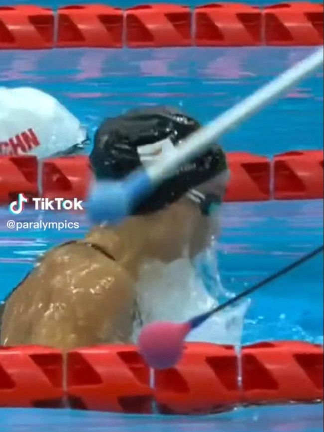 The TikTok used the "Bop It" sound effects on footage of vision-impaired swimmers. Picture: TikTok