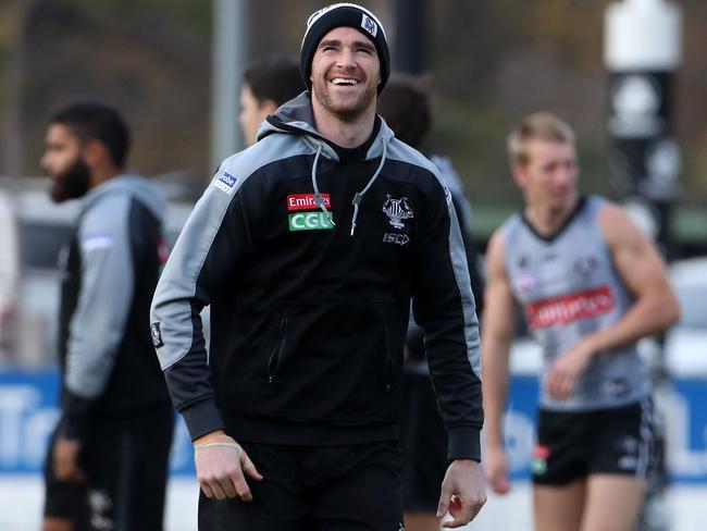 Tyson Goldsack is all smiles after coming off the injured list for the Pies. Picture: Mark Dadswell