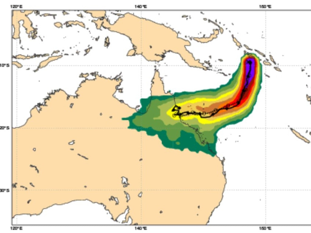 The European Centre for Medium-Range Weather Forecasts model showing probable Cyclone Jasper costal strike zone. Picture: ECMWF