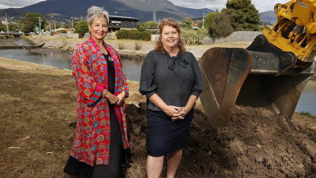 Glenorchy City Council Mayor Sue Hickey with Hobart Lord Mayor Anna Reynolds where work has started on a $2 million project that will transform the badly degraded mouth of the New Town Rivulet into a natural, estuarine environment in a joint collaboration between the City of Hobart and Glenorchy City Council. Picture: Nikki Davis-Jones