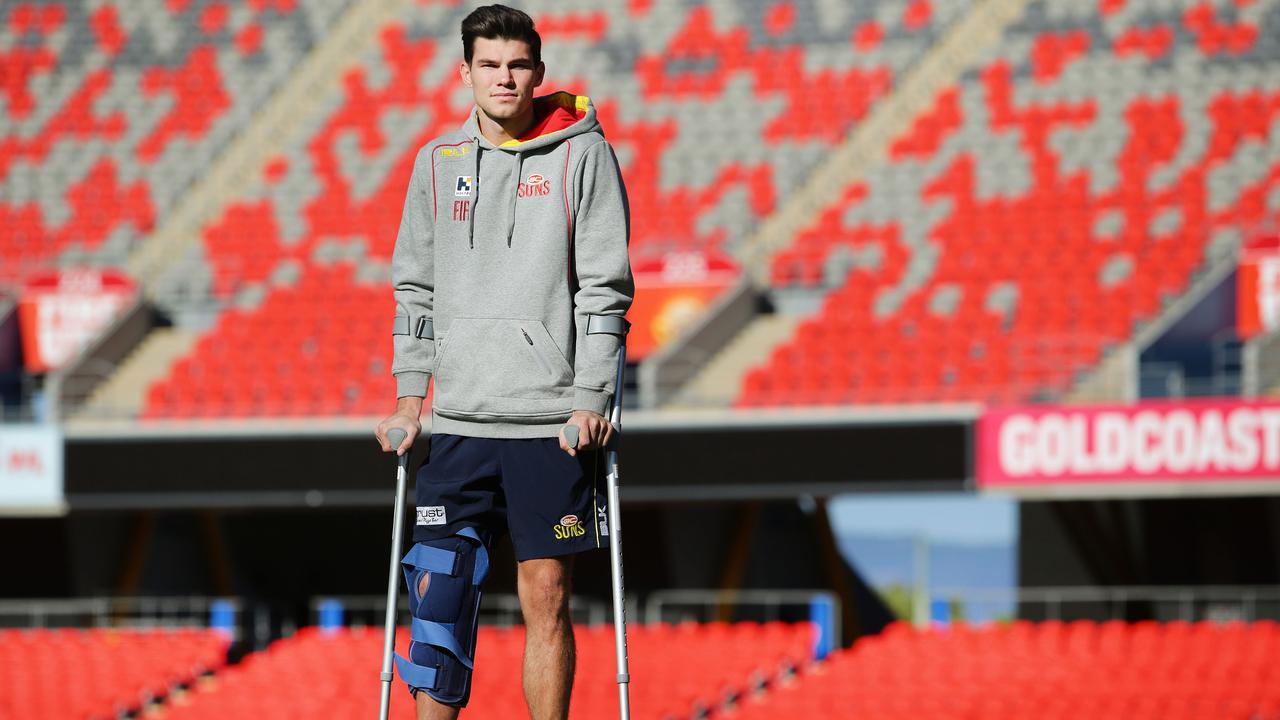 Jaeger O'Meara after seriously injuring his knee in 2015. Picture: Luke Marsden