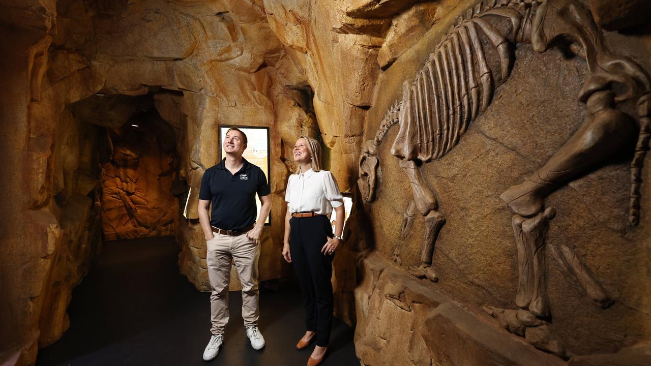 Cairns Aquarium has opened a new attraction, the Riversleigh Fossil Tour, in time for the busy Christmas holiday period. Cairns Aquarium chief executive Daniel Leipnik and Assistant Tourism Minister Bree James inspect a large prehistoric wombat fossil at the new exhibit, one of four Gondwanna-era fossil recreations on display to the public. Picture: Brendan Radke