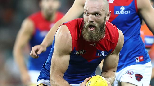 CANBERRA, AUSTRALIA - APRIL 04: Max Gawn of the Demons in action during the round 3 AFL match between the GWS Giants and the Melbourne Demons at Manuka Oval on April 04, 2021 in Canberra, Australia. (Photo by Mark Metcalfe/AFL Photos/via Getty Images)