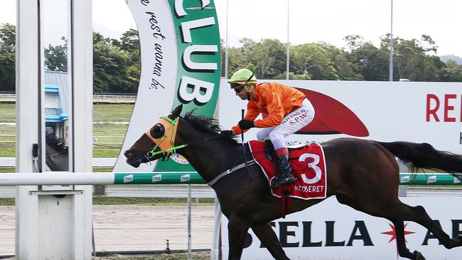 Bet On Love, ridden by jockey Stephen Wilson wins Race 4 at Cannon Park, Woree. PICTURE: BRENDAN RADKE.