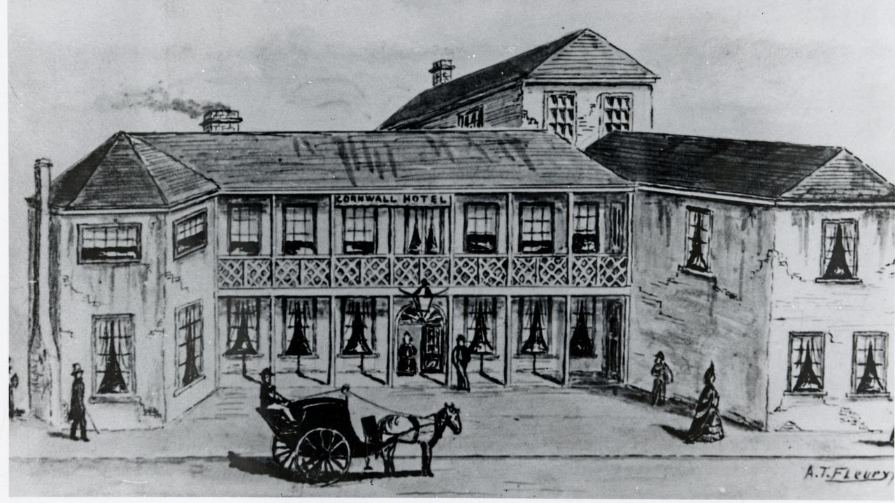 Historic sketch of Launceston's famous Cornwall Hotel. Picture: Libraries Tasmania