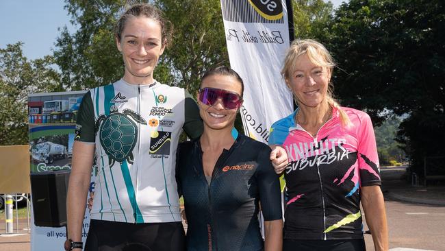 Gabriela De Oliveira, Hannah Johnston and Sue Thackray were the three fastest women to finish the 145km Sunbuild Top End Gran Fondo 2023, Darwin. Picture: Pema Tamang Pakhrin