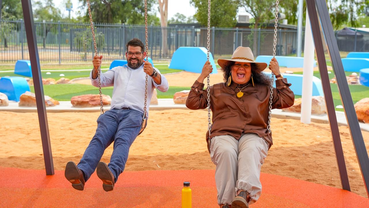 Alice Springs Town Council Mayor Matt Paterson with Federal Minister for Indigenous Australians Malarndirri McCarthy at the new Alice Springs adventure park. Picture: Alice Springs Town Council