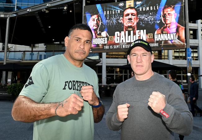 Paul Gallen and Justin Hodges promote their fight. Picture: Bradley Kanaris/Getty Images