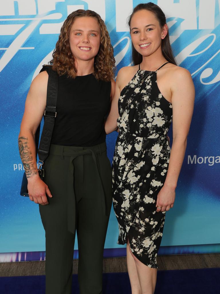 Geelong Cats’ AFLW best and fairest Blue Carpet arrivals at Kardinia Park — Geelong forward Chloe Scheer and Dani Stewart. Picture: Mark Wilson