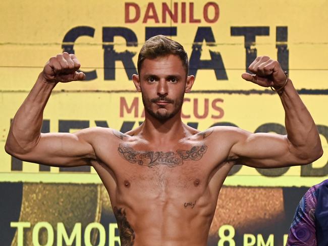 Danilo Creati hits the scales at Tuesday's weigh-ins. Picture: No Limit Boxing