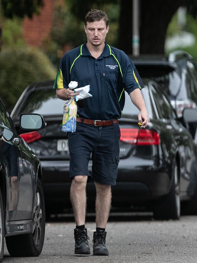 Disgraced former NRL star Brett Finch pictured leaving his home with his lunch, on his way to work. Picture: Julian Andrews