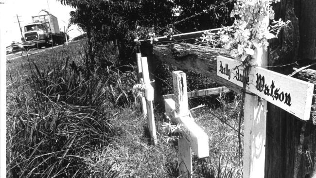 Crosses mark the spot where loved ones lost their lives in the Cowper bus crash of 1989.