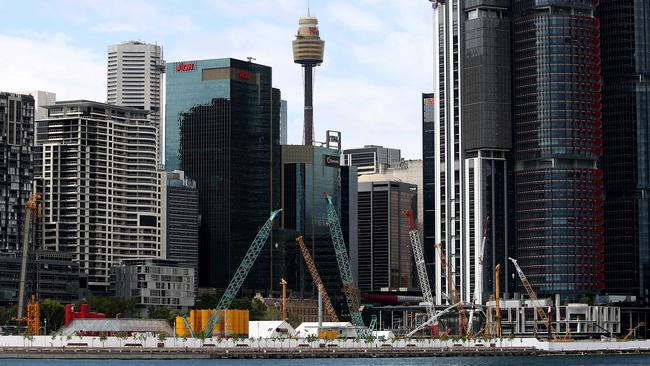 Cranes seen at Barangaroo where new apartments are being constructed. Picture: Chris Pavlich