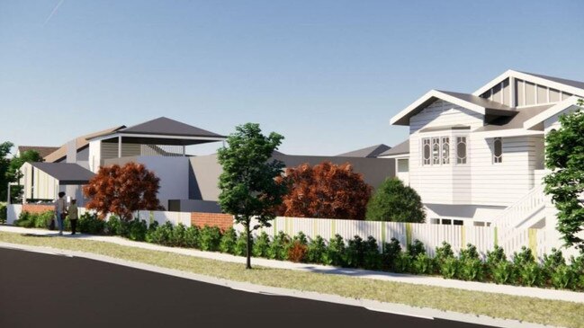 Artist's render of the new childcare centre at 105 – 111 Beaudesert Rd, Moorooka. Pictured to the right is the 'repurposed' pre-1946 character home. Picture: Local Office Architecture