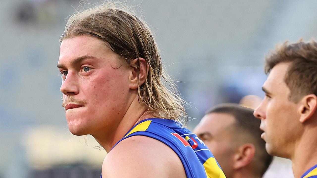 PERTH, AUSTRALIA - MARCH 16: Harley Reid of the Eagles looks on after being defeated during the round one AFL match between West Coast Eagles and Gold Coast Suns at Perth Stadium, on March 16, 2025, in Perth, Australia. (Photo by Paul Kane/Getty Images)