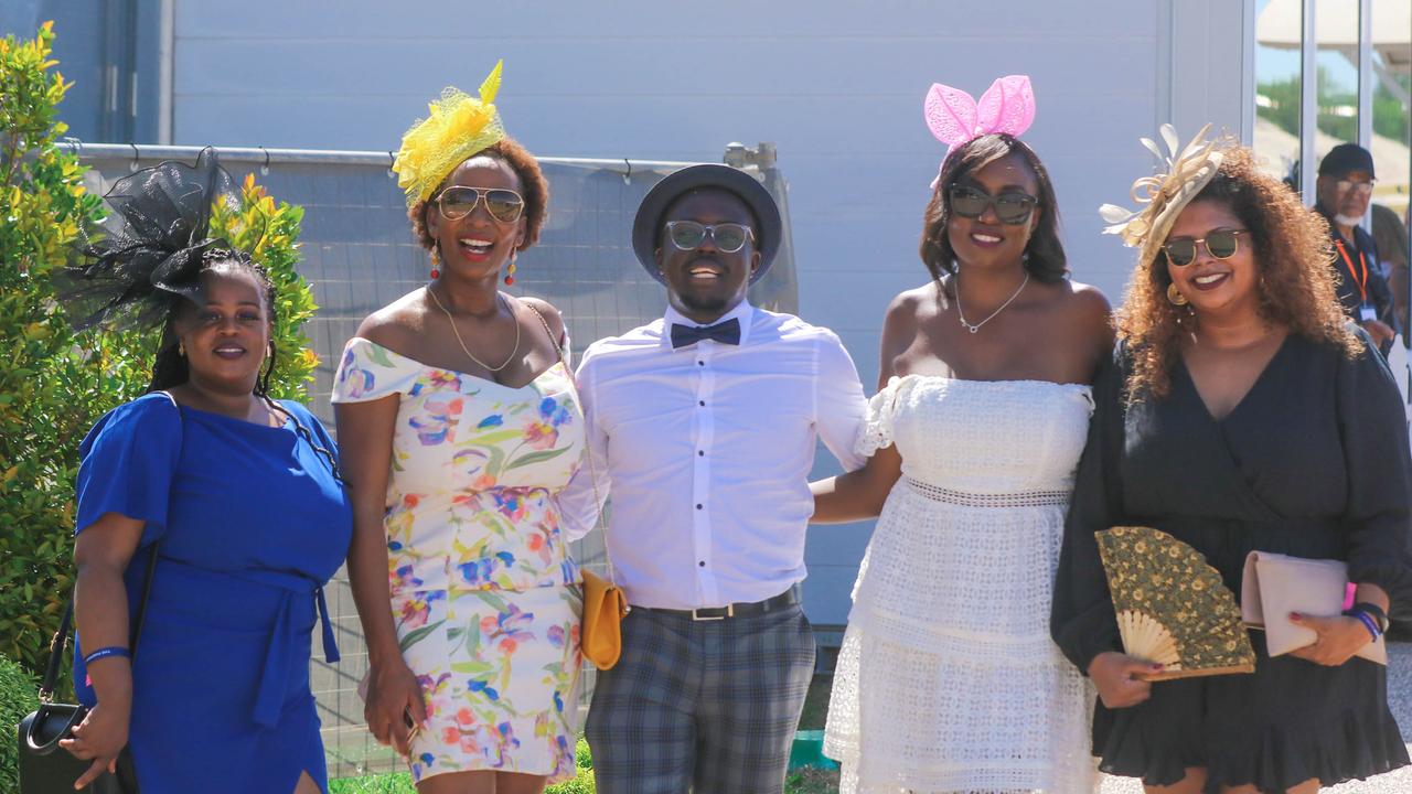 Memory Chicago, Hanah Ngugi, Jeff Kuria, Christine Oktoth and Leslie Martin at the 2021 Great Northern Darwin Cup. Picture: Glenn Campbell