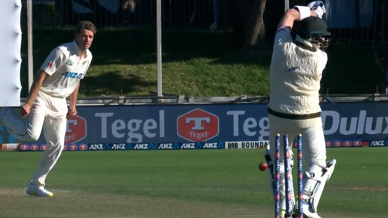 Steve Smith chopped on in an ugly dismissal. Photo: Fox Sports.