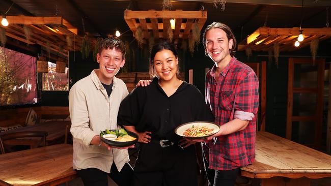 L-R Ollie Lancaster with partner Mikaela Mulvaney and brother Dan Lancaster who are the owners of Dana Eating House in Hobart. Launch of the Passport to Hobart Summer dining voucher program. Picture: NIKKI DAVIS-JONES