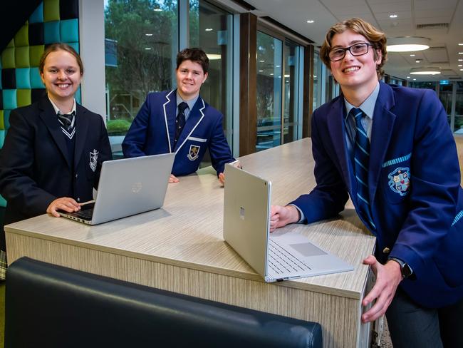 James, 16, Louisa, 16, and Aidan, 15, are taking part in a pilot course for SACE in cyber studies which begins this week, on August 5th 2021, at St Peters College.Picture: Tom Huntley