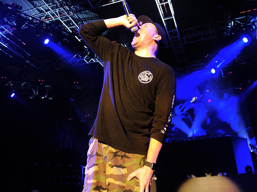 Suffa in action as Hilltop Hoods play Brisbane Riverstage on Friday, August 23, 2019. They play again Saturday. Picture: John Gass/AAP