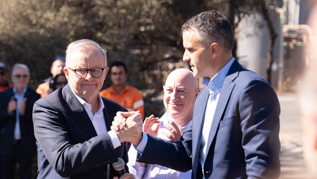 Australian Prime Minister Anthony Albanese and South Australian Premier Peter Malinauskas visiting with workers at Whyalla Steelworks. Picture: NewsWire / Tim Joy