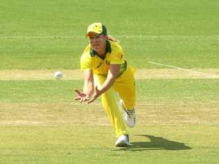 Ellyse Perry of Australia takes a catch to dismiss Lauren Down of New Zealand. Picture: HAMISH BLAIR