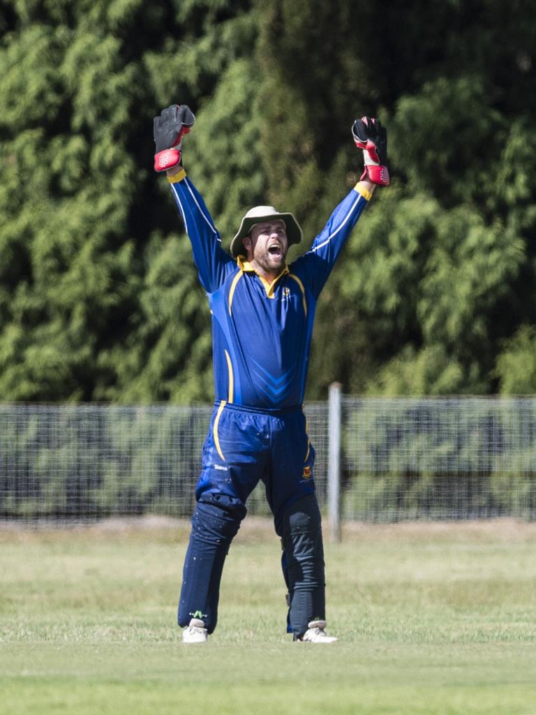 University wicketkeeper Dean Sullivan appeals unsuccessfully in the game against Highfields. Picture: Kevin Farmer