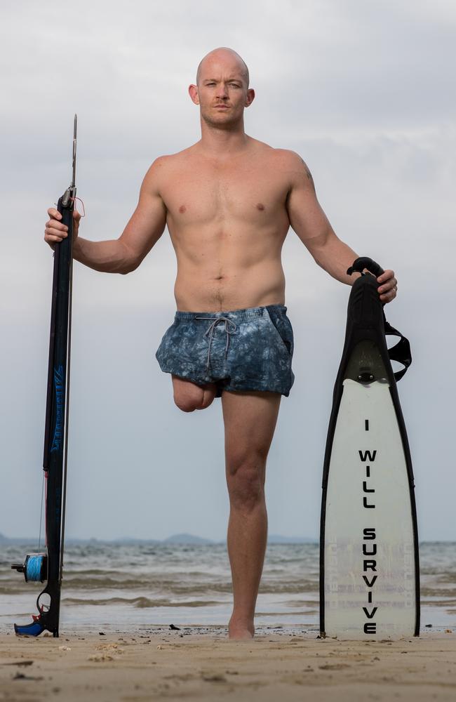 Mission Beach father Glenn Dickson, survived a savage shark attack but lost his right leg while spearfishing at Eva Rock in North Queensland in 2017. He was saved by Pete Kocica and Rick Bettua, who was himself attacked three years later. Picture: Marc McCormack