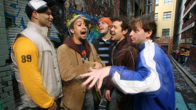 Lin-Manuel Miranda, second from left, spitting bars in a Melbourne laneway in 2006. Picture: Supplied.