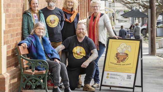 Safe space Castlemaine: Kay Mitchell (blue) Lisa D'Onofrio (green jacket), Mark MacDougall, Rose Gubbels, Jeremy Forbes, and Kerrily Jennings. Picture: Zoe Phillips