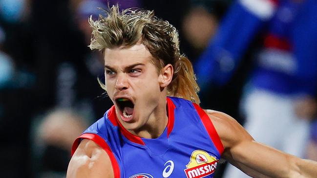 ADELAIDE, AUSTRALIA - SEPTEMBER 11: Bailey Smith of the Bulldogs celebrates a goal during the 2021 AFL Second Preliminary Final match between the Port Adelaide Power and the Western Bulldogs at Adelaide Oval on September 11, 2021 in Adelaide, Australia. (Photo by Michael Willson/AFL Photos via Getty Images)