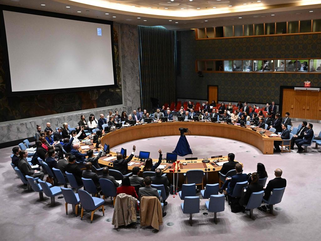 Members of the United Nations Security Council vote on a draft resolution calling for a ceasefire in Gaza, during a UN Security Council meeting to discuss the situation in the Middle East on November 20, 2024, at UN headquarters in New York City. The United States on Wednesday vetoed a UN Security Council push to call for a ceasefire in Gaza that Washington said would have emboldened Hamas. (Photo by ANGELA WEISS / AFP)