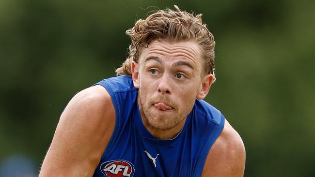 MELBOURNE, AUSTRALIA - JANUARY 26: Hugh Greenwood of the Kangaroos in action during the North Melbourne Kangaroos training session at La Trobe University on January 26, 2024 in Melbourne, Australia. (Photo by Michael Willson/AFL Photos via Getty Images)