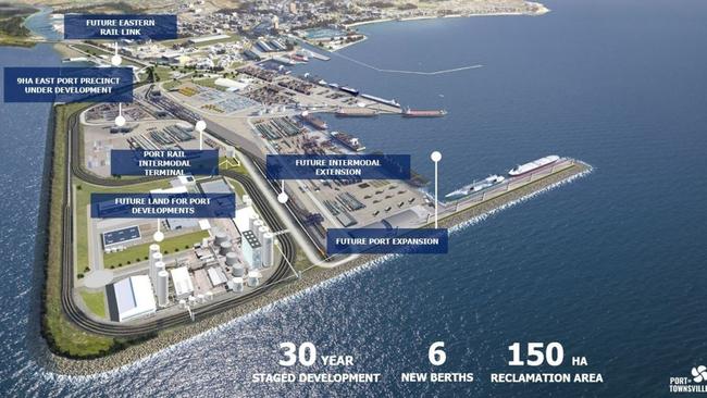 A concept image by Port of Townsville showing a green energy hub, defence expansion options and Townsville Eastern Access Rail Link.