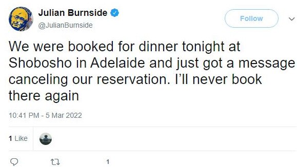 Julain Burnside's now-deleted tweet. Source: Twitter