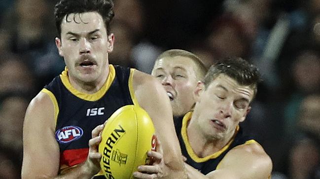 Mitch McGovern takes a strong mark and goals in Showdown 44 against Port Adelaide before succumbing to an ankle injury. Picture SARAH REED