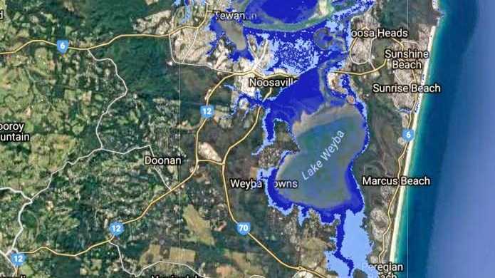 RISING: Predicted Noosa-Yaroomba sea level rise effects. Dark blue: 2013 worst-case of 0.74m sea level rise. Light blue: 2017 worst-case of 2m sea level rise. Picture: Coastal Risk Australia