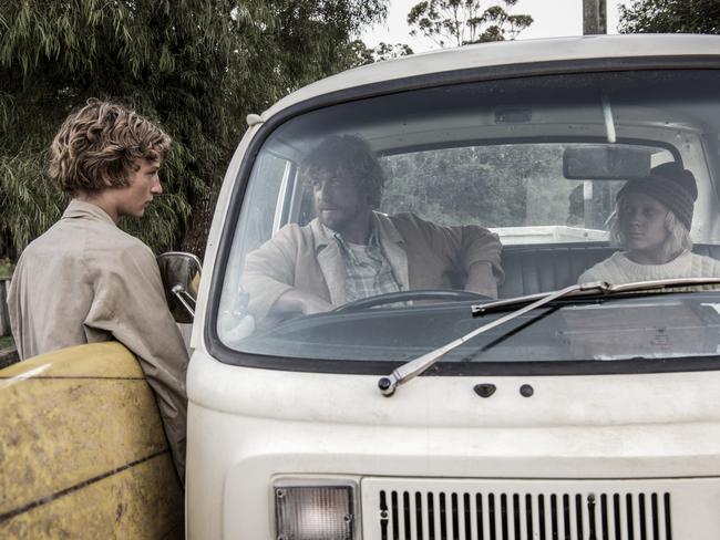 Living in the ‘70s — Samson Coulter, Simon Baker and Ben Spence star in Breath. Picture: David Dare Parker/Supplied.