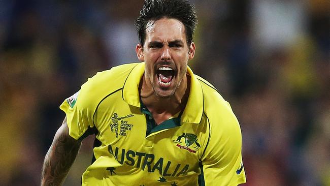 Mitchell Johnson celebrates his big wicket of Virat Kohli.