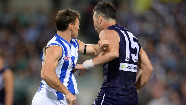 North Melbourne's Brent Harvey hasn’t always enjoyed the attention he’s copped from Ryan Crowley.