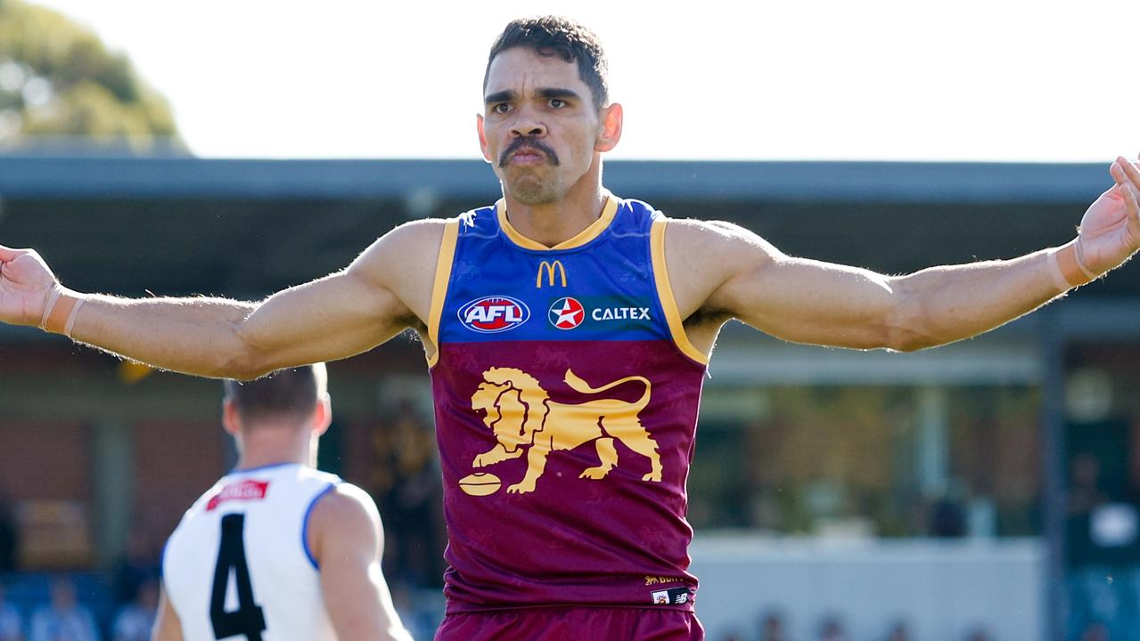 ADELAIDE, AUSTRALIA - APRIL 05: Charlie Cameron of the Lions celebrates a goal during the 2024 AFL Round 04 match between the Brisbane Lions and the North Melbourne Kangaroos at Norwood Oval on April 05, 2024 in Adelaide, Australia. (Photo by Dylan Burns/AFL Photos via Getty Images)