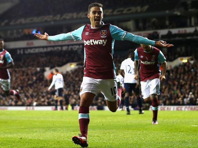 Manuel Lanzini of West Ham United celebrates scoring.